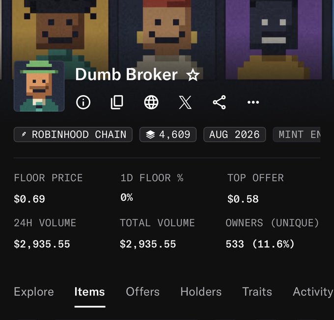 A screenshot of an NFT collection page titled "Dumb Broker ☆" on Robinhood Chain, showing 4,609 items with a floor price of $0.69, 24H volume of $2,935.55, and 533 unique owners (11.6%). The image illustrates the post's narrative, highlighting the buyer's success of purchasing at a lower $0.50 floor price before the current $0.69 valuation, supporting their bullish speculation despite acknowledging the risks.