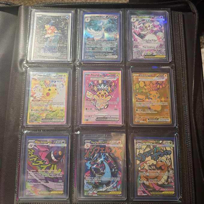 A binder page displays nine Pokémon trading cards in protective sleeves, including Pikachu cards and what appears to be a Japanese Promotional Mewtwo EX.