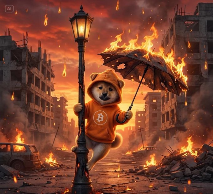 An AI-generated illustration shows a Shiba Inu dog wearing an orange Bitcoin (₿) hoodie, clinging to a lamppost while holding a burning umbrella in a fiery, post-apocalyptic cityscape with raining flames.