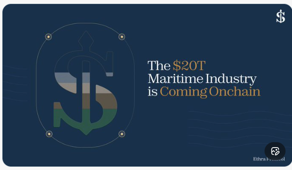 A dark blue promotional graphic for EthraShip featuring a large stylized dollar sign anchor logo and the text "The $20T Maritime Industry is Coming Onchain," with the Ethra.Lend and EthraShip branding in the corner—visually reinforcing the post's point about bringing real-world maritime cash flows onchain through RWA.