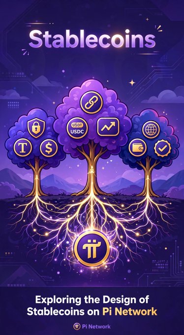 A purple-themed digital illustration titled "Stablecoins" with the subtitle "Exploring the Design of Stablecoins on Pi Network," featuring stylized trees with icons for USDC, USDT, and various crypto symbols, with a Pi Network logo at the bottom.