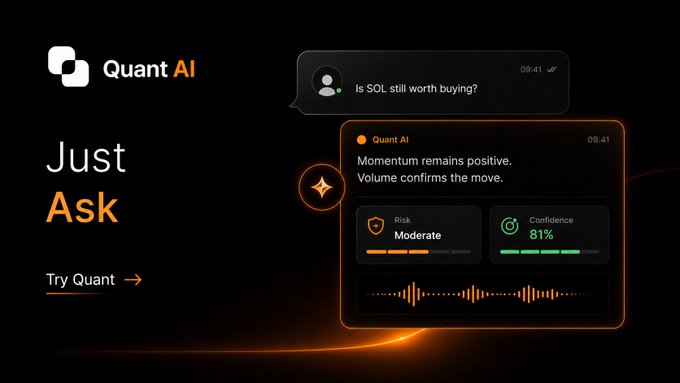 A dark-themed advertisement for 'Quant AI' featuring the tagline 'Just Ask' alongside a chat interface showing a crypto market analysis with 81% confidence and moderate risk.