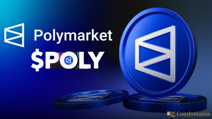 A promotional graphic for 'Polymarket' showing the '$POLY' token with blue coin imagery and a 'Coinfomania' watermark.