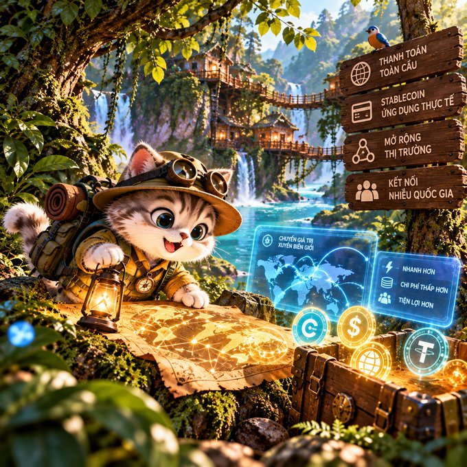 A digital illustration features an adventurous cartoon kitten in explorer gear with a lantern examining a glowing treasure map, with holographic UI panels in Vietnamese listing features like "THANH TOÁN TOÀN CẦU," "STABLECOIN ỨNG DỤNG THỰC TẾ," and "KẾT NỐI NHIỀU QUỐC GIA" alongside a wooden signpost.