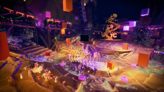 A vibrant 3D game environment with neon orange and pink lighting, featuring colorful cubes, a glowing spiral structure, and character avatars in a fantasy landscape.