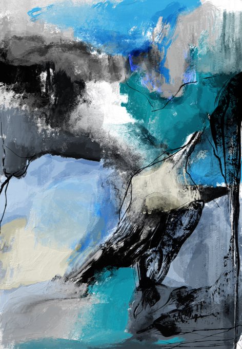 An abstract painting featuring bold strokes of black, white, turquoise, and light blue, depicting what appears to be a large bird with an outstretched wing in a moody, textured composition.
