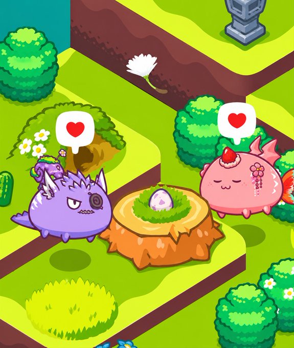 The image shows two cartoon axolotl-like creatures from Axie Infinity standing next to a nest with a purple egg, both displaying heart-filled speech bubbles indicating they are ready to breed. This illustrates the breeding mechanic highlighted in the post, where Lunacians bred 2,021 axies in 7 days to earn Mementos for evolution and boost their Atia's Flame in Terrariums.