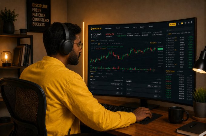 A man wearing headphones and a yellow shirt sits at a desk analyzing a cryptocurrency trading chart on a large monitor, with a poster reading "DISCIPLINE FOCUS PATIENCE CONSISTENCY SUCCESS" on the wall behind him.