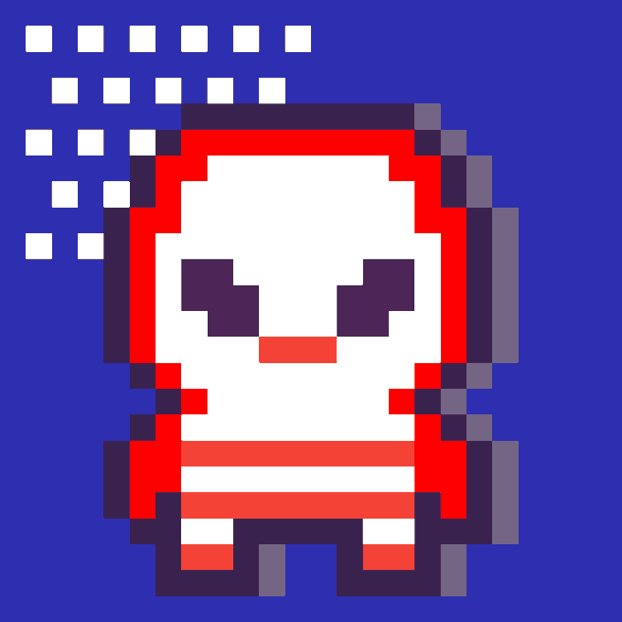 A pixel art character in a red and white hooded outfit stands against a blue background with a trail of white pixelated squares.