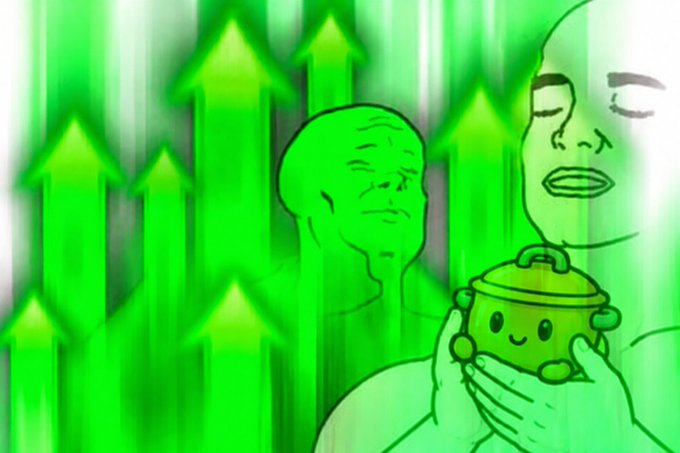 A green-tinted meme image featuring 'Wojak' and 'Chad' characters alongside rising green arrows and a cute cartoon pot.