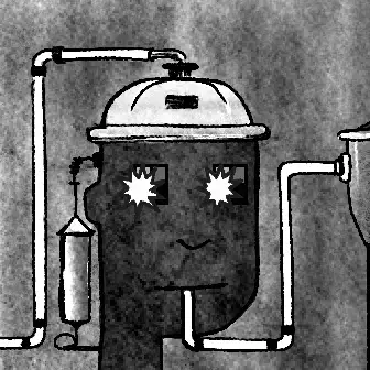 A black and white stylized illustration of an industrial tank with a face, featuring star-shaped eyes, connected to pipes against a textured background.