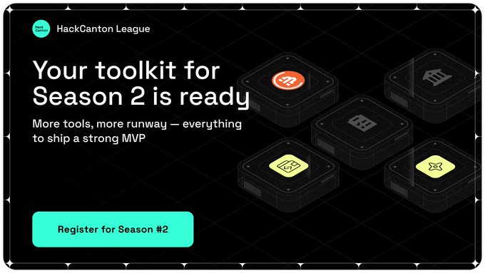 The image shows a registration page for the HackCanton League's Season 2 of their app called "Real Builder Rails". The app provides various tools and features that can help users build something successfully using real builder rails. It includes elements such as @CantonNetwork tracks, apps with @BitSafe_Finance functionality, and CC View data/explorer tooling for a better user experience in building and managing projects.
