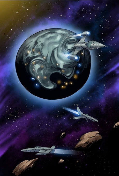 A comic-style space illustration showing a metallic gray planetoid with a spaceship attached, emitting blue lights, while another spacecraft flies through a starry purple and orange cosmic background near rocky asteroids.