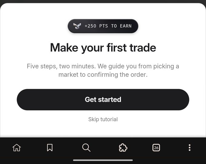 A mobile app tutorial screen displays 'Make your first trade' with the text 'Five steps, two minutes. We guide you from picking a market to confirming the order,' featuring a 'Get started' button, 'Skip tutorial' option, and a '+250 PTS TO EARN' badge.