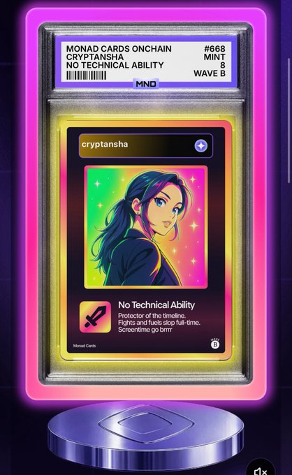 A digital 'MONAD CARDS ONCHAIN' collectible card #668 featuring an anime-style character named 'cryptansha' with the description 'No Technical Ability: Protector of the timeline. Fights and fuels deep full-time.'
