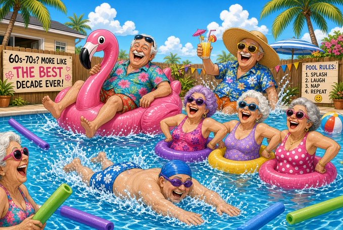 A colorful cartoon illustration shows elderly people having fun in a swimming pool with floaties and pool noodles, with signs reading '60s-70s? MORE LIKE THE BEST DECADE EVER!' and 'POOL RULES: 1. SPLASH 2. LAUGH 3. NAP 4. REPEAT.'