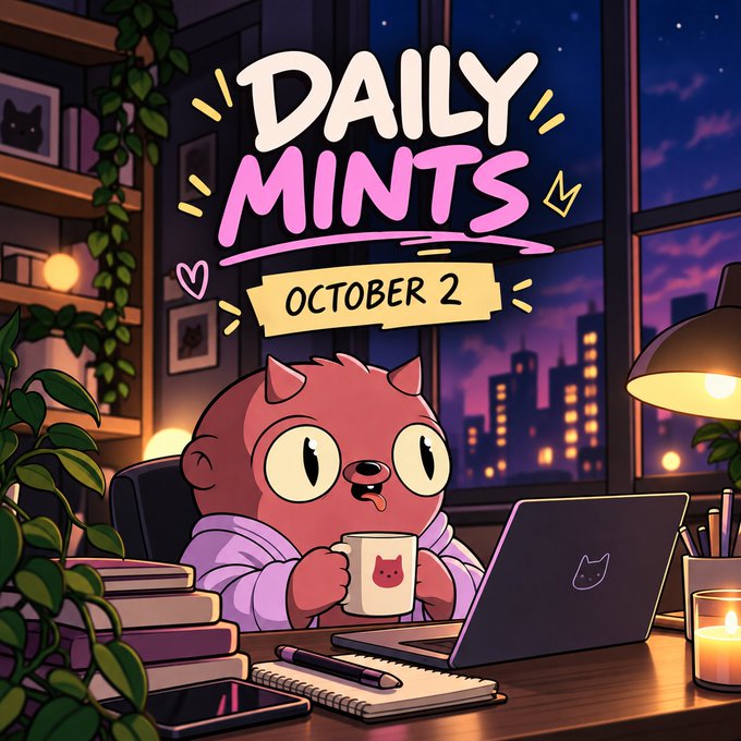 A cartoon-style illustration of a pink horned character at a desk with a laptop and mug, titled 'DAILY MINTS OCTOBER 2' against a night cityscape.