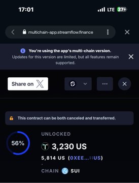 A mobile phone screenshot of the multichain-app.streamflow.finance interface showing a locked token contract on the SUI chain with a 56% unlocked status and a value of 3,230 US (5,814 US OXEE::US).