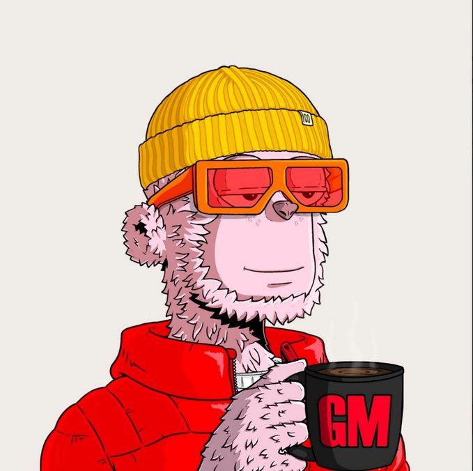 An NFT-style illustration of a stylized sloth wearing a yellow beanie, orange sunglasses, and a red jacket, holding a black mug with 'GM' written on it.
