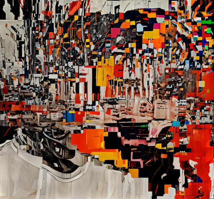 The image features a large, colorful abstract painting that appears to be a collage of various elements such as buildings, cars, trees, and people. The colors used are predominantly red, orange, yellow, green, blue, and black. The painting is quite detailed with many small pieces of different shapes and sizes scattered throughout the canvas. 

The post in question seems to be analyzing this artwork, possibly discussing its meaning or technique. It's important to note that there are multiple instances of the word "analysis paralysis" used within the caption, which suggests that the artist might have been overwhelmed by the complexity of their own work and found it difficult to make a decision on how to proceed with the painting.