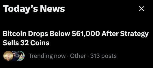 There's a post with an advertisement for an online store advertising Bitcoin coins, specifically at $61,000 after strategy. The text of the advertisement states that the product sold directly from MSTR is worth over $31k.