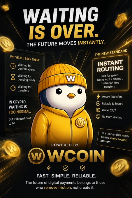 A promotional poster for 'WCOIN' featuring a penguin mascot in a yellow hoodie, with text 'WAITING IS OVER. THE FUTURE MOVES INSTANTLY.' and highlighting instant routing features.