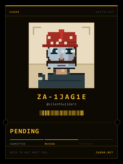 A digital 'ZADOR' whitelist card displaying pixel art of a blue-skinned figure wearing a red hat, labeled 'ZA-1JAG1E' with the handle '@silentbuilder3' and marked 'PENDING'.