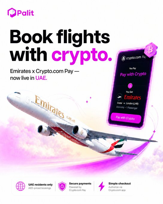 A Palit advertisement stating 'Book flights with crypto' featuring an Emirates airplane and Crypto.com Pay integration, now live in UAE for booking Dubai to London (LHR).