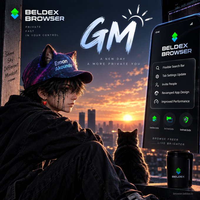 Promotional artwork for 'BELDEX BROWSER' featuring an anime-style character with cat ears and a cap reading 'Emon Akoundo' against a sunset cityscape, with text promoting a new 'GM' update.