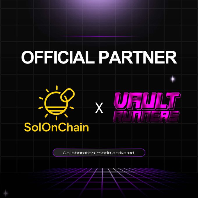 The image features a purple background with white text that reads "Official Partner" at the top, followed by "Vault Runners" below it. Below these two main texts, there are smaller descriptions of the partnership between SolOnChain and Vault Runners. The image also includes a small image of a female virtual reality character wearing a pink outfit.