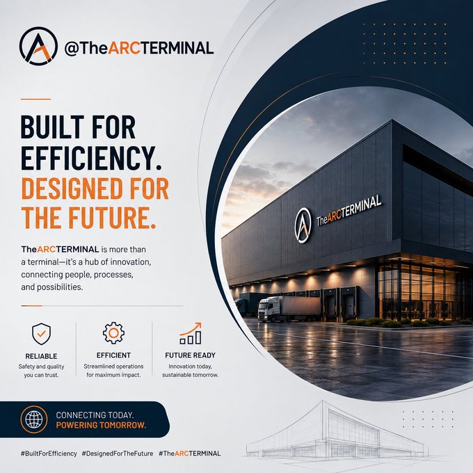 Marketing poster for @TheARCTERMINAL featuring a modern industrial building, with the tagline 'BUILT FOR EFFICIENCY. DESIGNED FOR THE FUTURE.' and icons highlighting reliability, efficiency, and future-readiness.