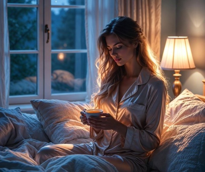 A young woman with long wavy hair sits in bed wearing a satin pajama set, cradling a warm cup of tea as soft lamp light illuminates the cozy nighttime scene.