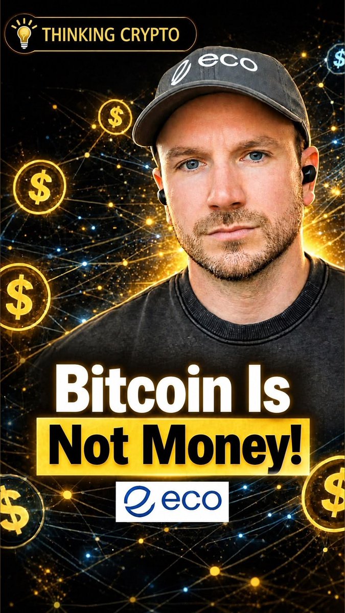 A YouTube thumbnail for 'Thinking Crypto' features a man wearing an 'eco' cap with the headline 'Bitcoin Is Not Money!' surrounded by floating golden dollar signs.