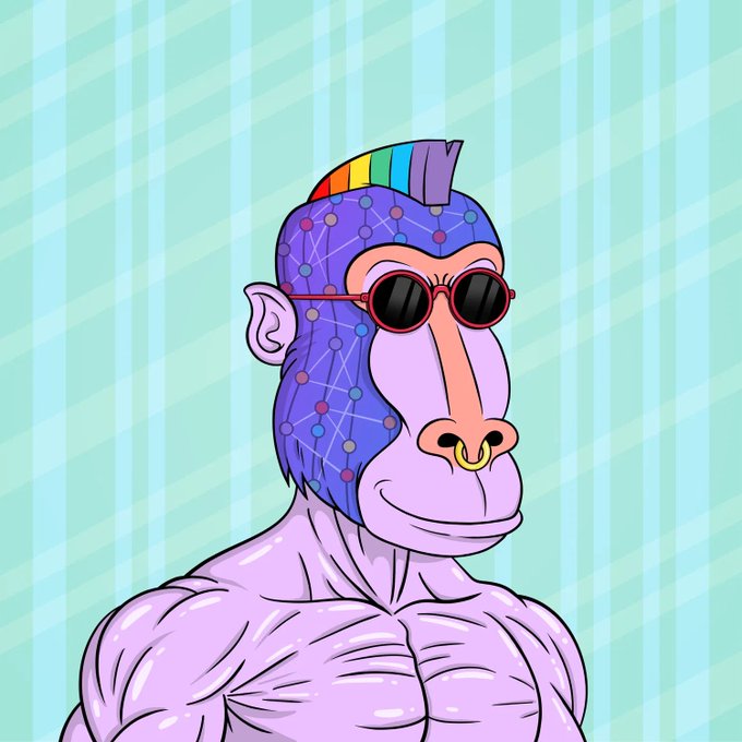 A digital drawing of a muscular ape wearing a colorful patterned hood, round sunglasses, and a nose ring, set against a mint green striped background.
