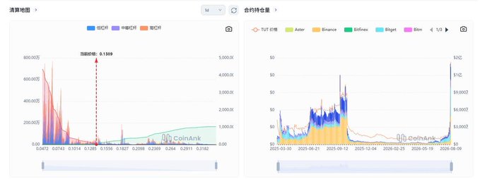 The image shows two CoinAnk charts: a clearing heatmap on the left for $LAB displaying liquidation volumes of $0.13亿 across centralized exchanges (BHEX, HBit, MXC), and a contract price chart on the right tracking $TUT price with a notable peak around September 2025 across exchanges like TUT, Aster, Binance, Bitfinex, and Bitget. The charts visually support the post's analysis of high-leverage liquidation concentrations for these meme coins, illustrating the volatile price action and significant liquidation events referenced in the commentary.
