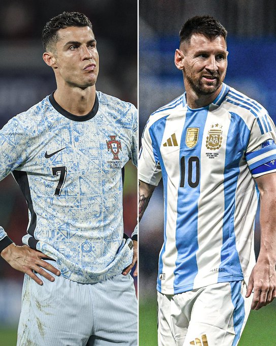 A side-by-side image shows soccer players Cristiano Ronaldo (in Portugal's #7 jersey) standing with hands on hips, and Lionel Messi (in Argentina's #10 jersey) with arms relaxed, illustrating the "Standing Akimbo" posture comparison between the two rivals.