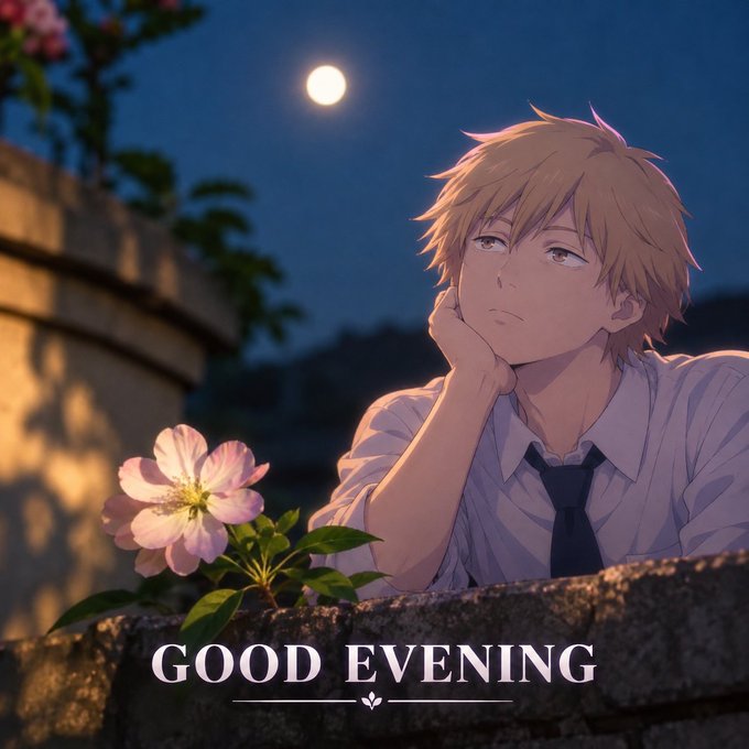 An anime-style illustration of a young man in a white shirt and tie resting his chin on his hand beside a pink flower, with a full moon in the background and the text 'GOOD EVENING' at the bottom.