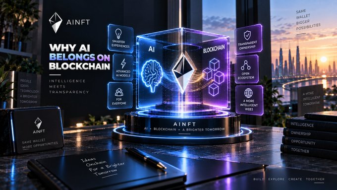The image showcases an AINFT promotional graphic titled "WHY AI BELONGS ON BLOCKCHAIN," featuring a glowing 3D holographic display of an AI brain and blockchain cubes alongside feature icons like "Smarter Experiences," "Transparent Ownership," and "Advanced AI Models," reinforcing the post's message about combining AI's intelligence with blockchain's transparency to create a more intelligent, decentralized web.