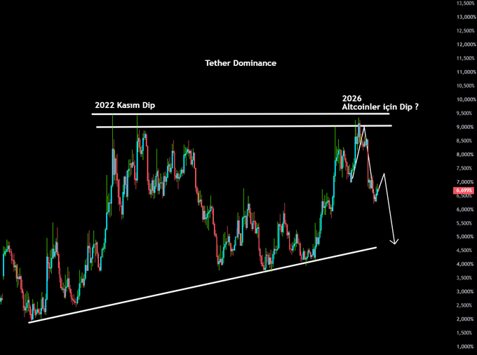 A crypto chart labeled “Tether Dominance” shows a rejection from the 9.00%–9.50% resistance zone, marked as “2022 Kasım Dip” and “2026 Altcoinler için Dip?”. The accompanying post says USDT dominance tested the same historic resistance in November 2022 and again near 2026, followed by a sharp reversal toward the rising support trendline.