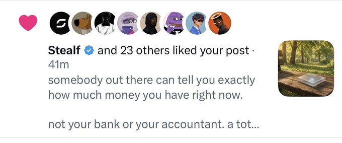 A social media notification showing that user "Stealf" and 23 others liked a post reading: "somebody out there can tell you exactly how much money you have right now. not your bank or your accountant."