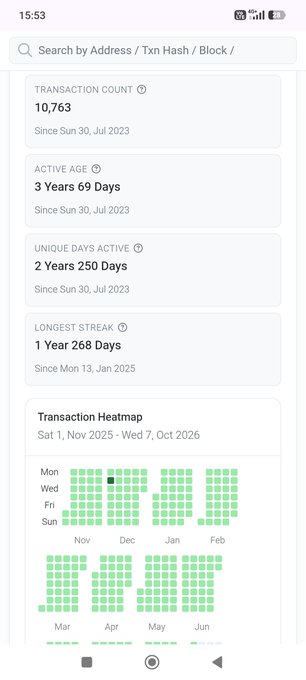 A mobile app screenshot shows a Bitcoin address tracker with a transaction count of 10,763, an active age of 3 Years 69 Days, and a Transaction Heatmap covering dates from late 2025 to early 2026.