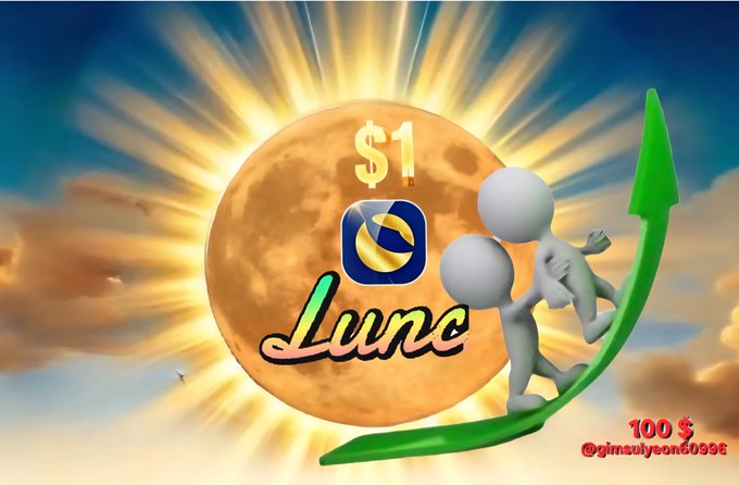 A promotional graphic shows two figures climbing a green upward arrow in front of a glowing golden moon, with a logo featuring a blue crescent and the text '$1 Lunc', signed '@ginsukyeon@9998' with '100 $'.