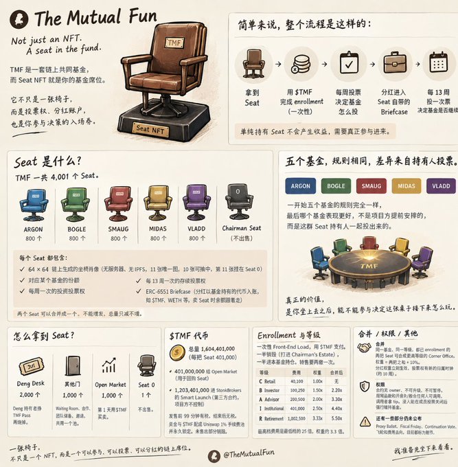 An infographic titled "The Mutual Fund - Not just an NFT, A seat in the fund" detailing a cryptocurrency project with 4,001 Seats, listing names like ARGON, BOGLE, SMAUG, MIDAS, VLADD, and showing $TMF token information totaling 1,604,403,000.