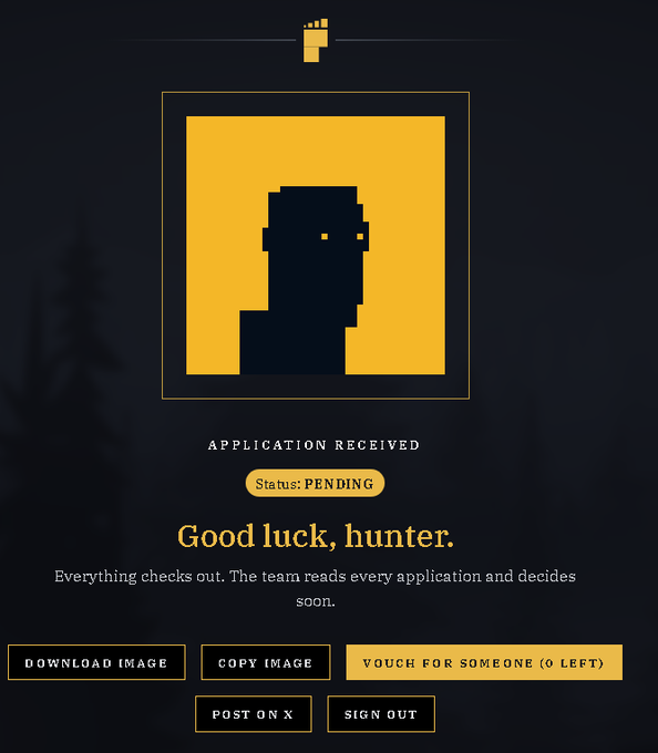 The image shows a pixel-art profile page with a yellow square avatar depicting a silhouetted figure, labeled "APPLICATION RECEIVED" with "Status: PENDING" and the message "Good luck, hunter." This relates to the post about Chinese region applicants awaiting whitelist approval, as the "Pending" status reflects the same uncertainty and hope for progress expressed by @BITFOOTS_.