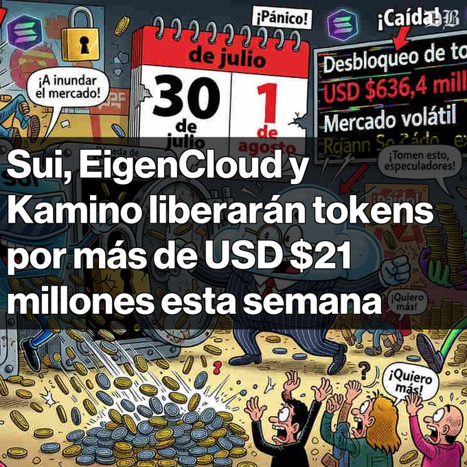 A Spanish-language cartoon graphic with text 'Sui, EigenCloud y Kamino liberarán tokens por más de USD $21 millones esta semana', featuring a calendar from July 30 to August 1.