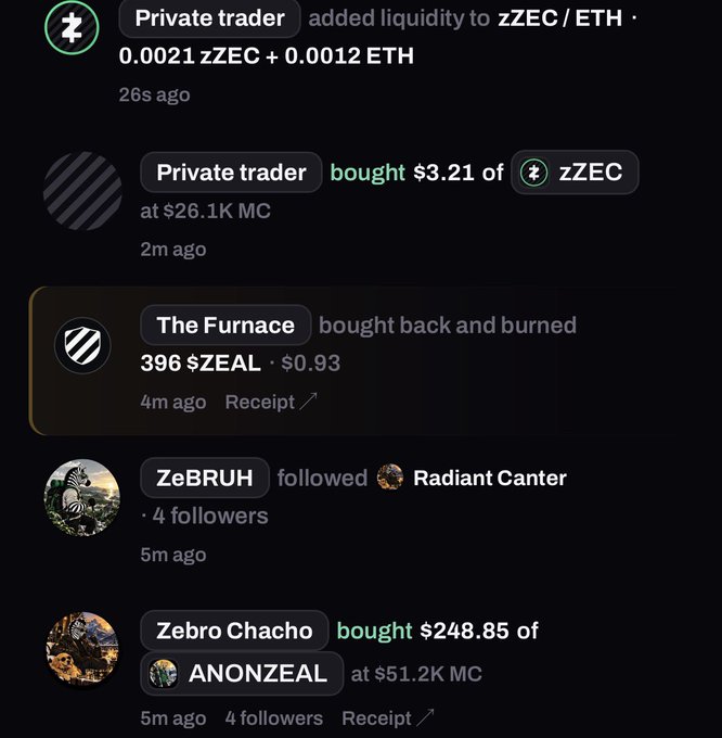A crypto trading feed displays recent activities including 'Private trader' adding liquidity to zZEC/ETH, 'The Furnace' buying back and burning 396 $ZEAL, 'ZeBRUH' following 'Radiant Canter', and 'Zebro Chacho' purchasing $248.85 of ANONZEAL.