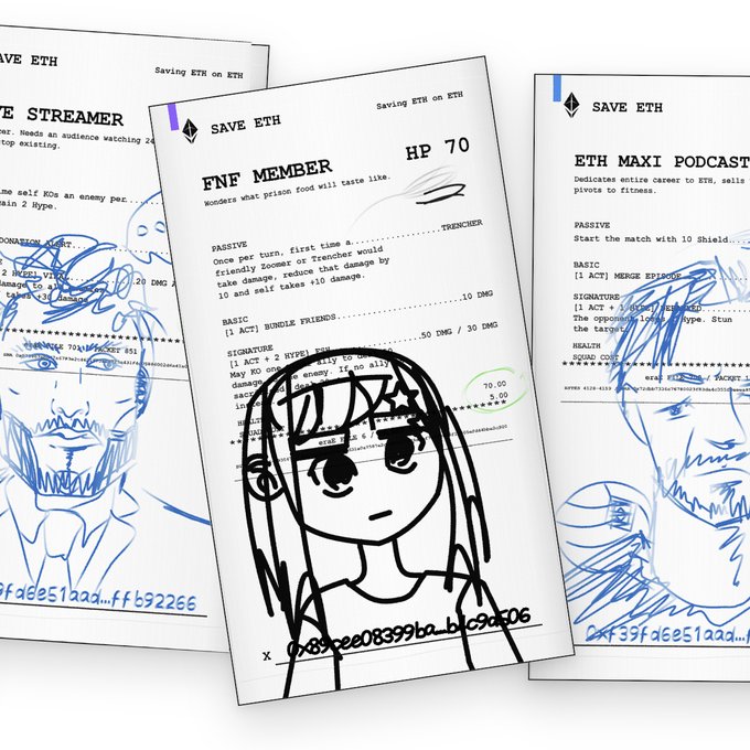 Three "SAVE ETH on ETH" RPG-style character cards featuring hand-drawn anime portraits are fanned out, including "FNF MEMBER" with HP 70, "STREAMER," and "ETH MAXI PODCASTER," each showing stats like DMG and signature abilities—visually representing the fully backed NFT collection now pooled in FWA.