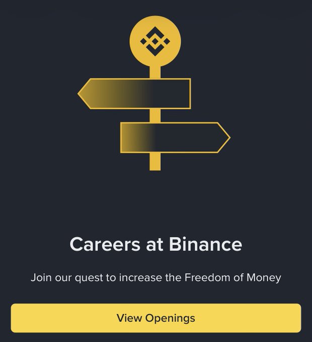 A Binance careers advertisement with a yellow directional signpost icon, reading 'Careers at Binance', 'Join our quest to increase the Freedom of Money', and a 'View Openings' button.