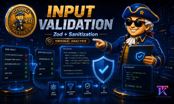 A promotional graphic titled 'INPUT VALIDATION — Zod + Sanitization' featuring a pirate mascot with sunglasses, displaying code examples for raw input, sanitized output, and API requests, branded with 'GEORGE PAY PAYTOKEN' and 'NEVPN.COM'.