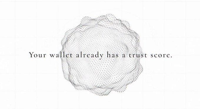 A grayscale image featuring an abstract, dotted spherical shape resembling a point cloud or molecular structure, overlaid with the text "Your wallet already has a trust score." The visual reinforces the accompanying message about onchain reputation, illustrating how a wallet's identity emerges from its accumulated transactional history and activity patterns rather than just its balance.